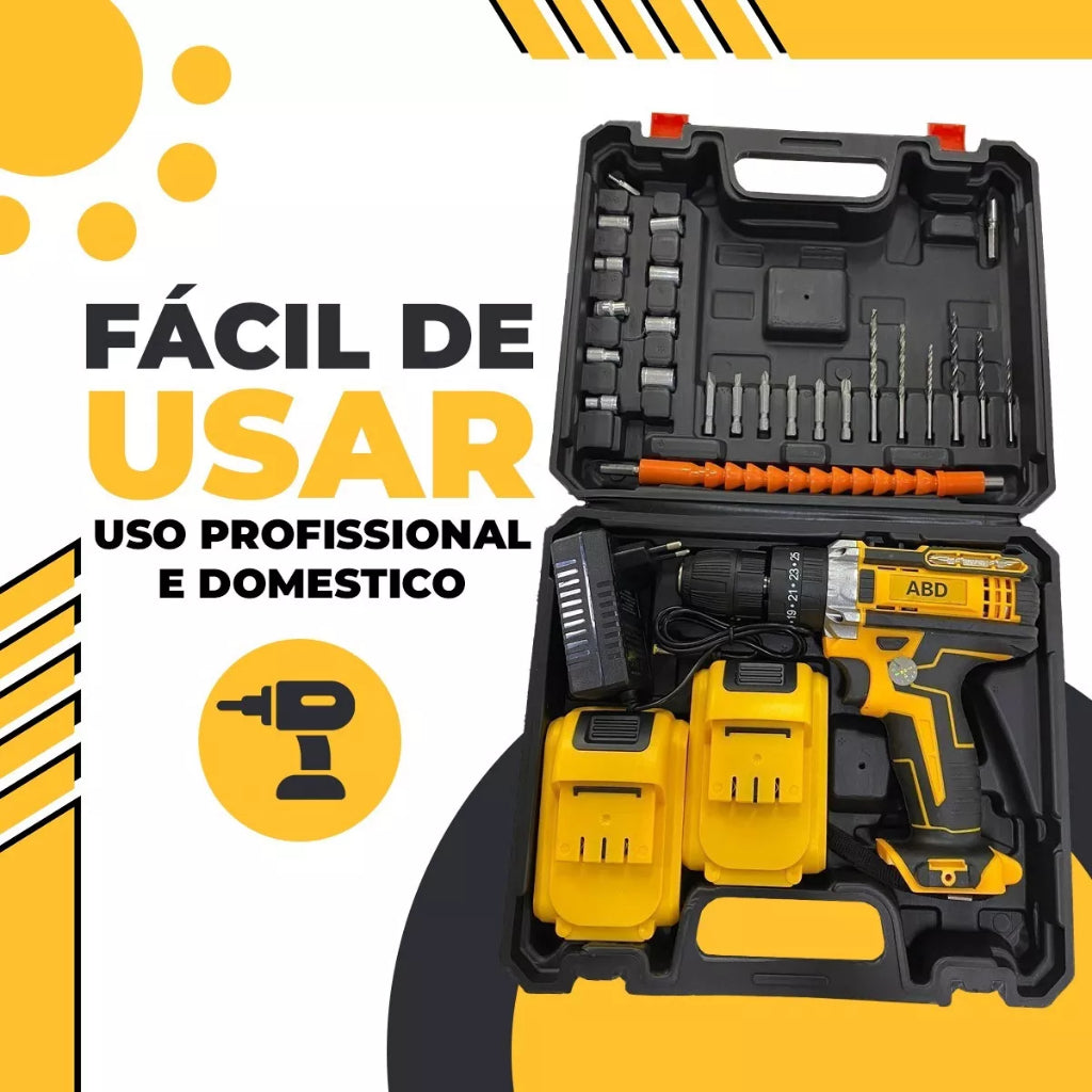Parafusadeira Furadeira Maxspin 21v 2 Baterias Com Maleta Completo + 32 Acessórios Profissional Amarela - Uzy Shop