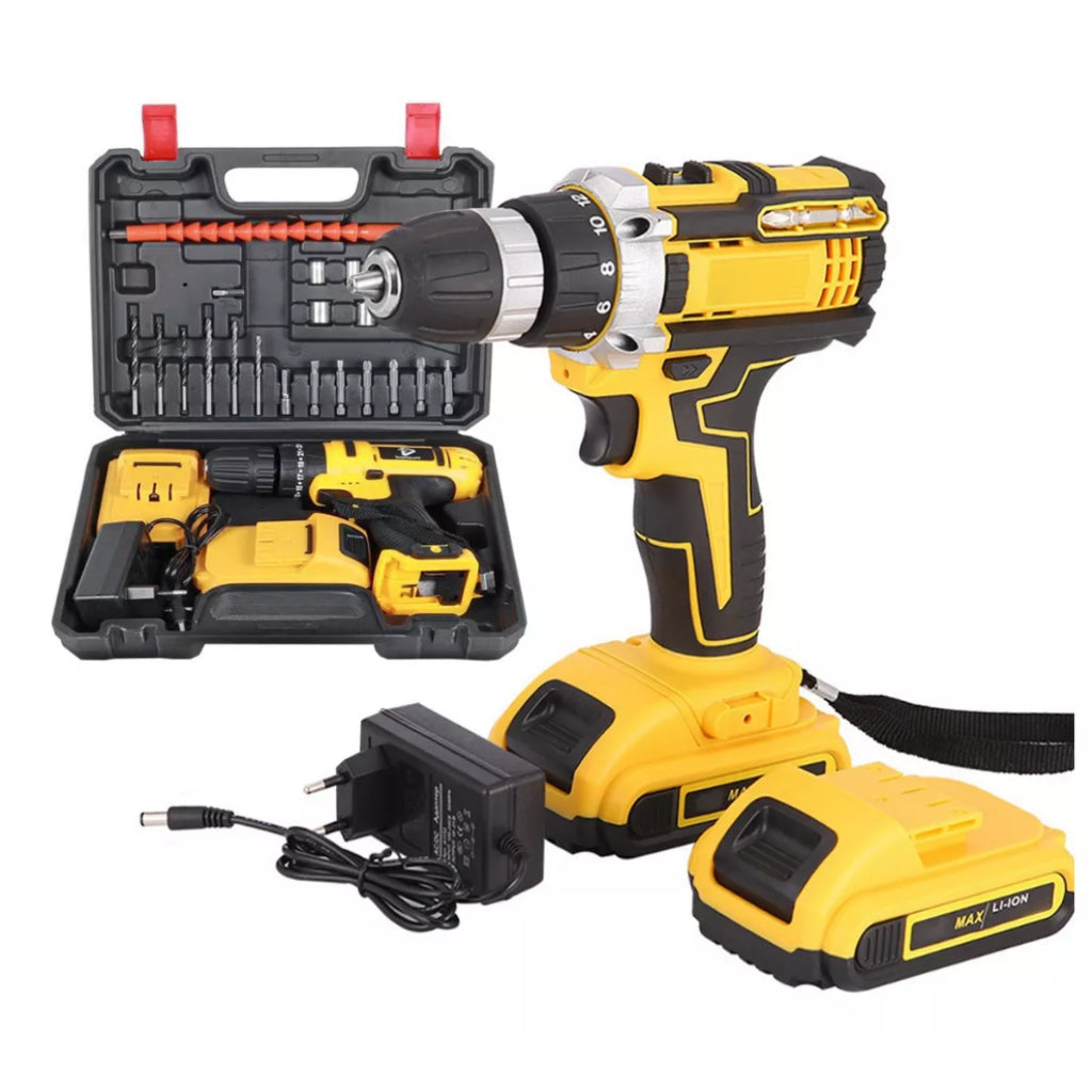 Parafusadeira Furadeira Maxspin 21v 2 Baterias Com Maleta Completo + 32 Acessórios Profissional Amarela - Uzy Shop