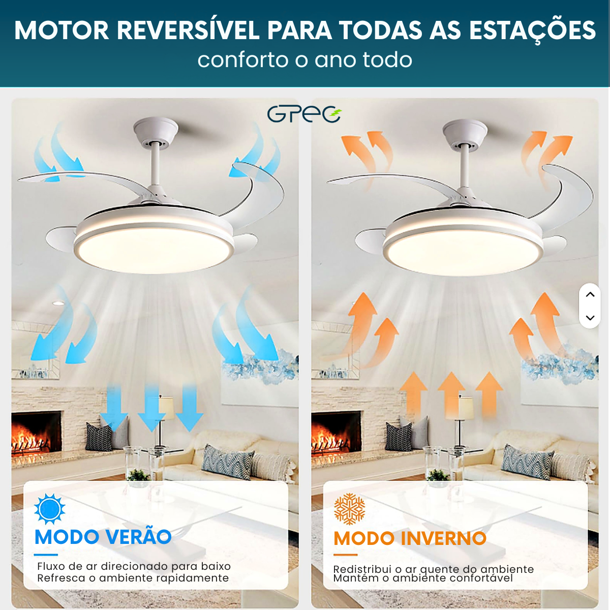 Ventilador de Teto LED Retrátil 46cm 6 Velocidades Controle  - Imagem 4