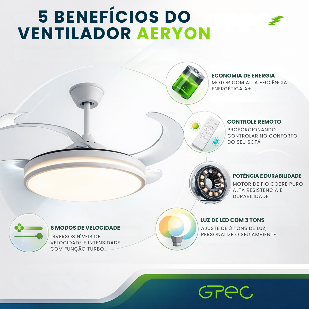 Ventilador de teto LED retrátil com controle remoto