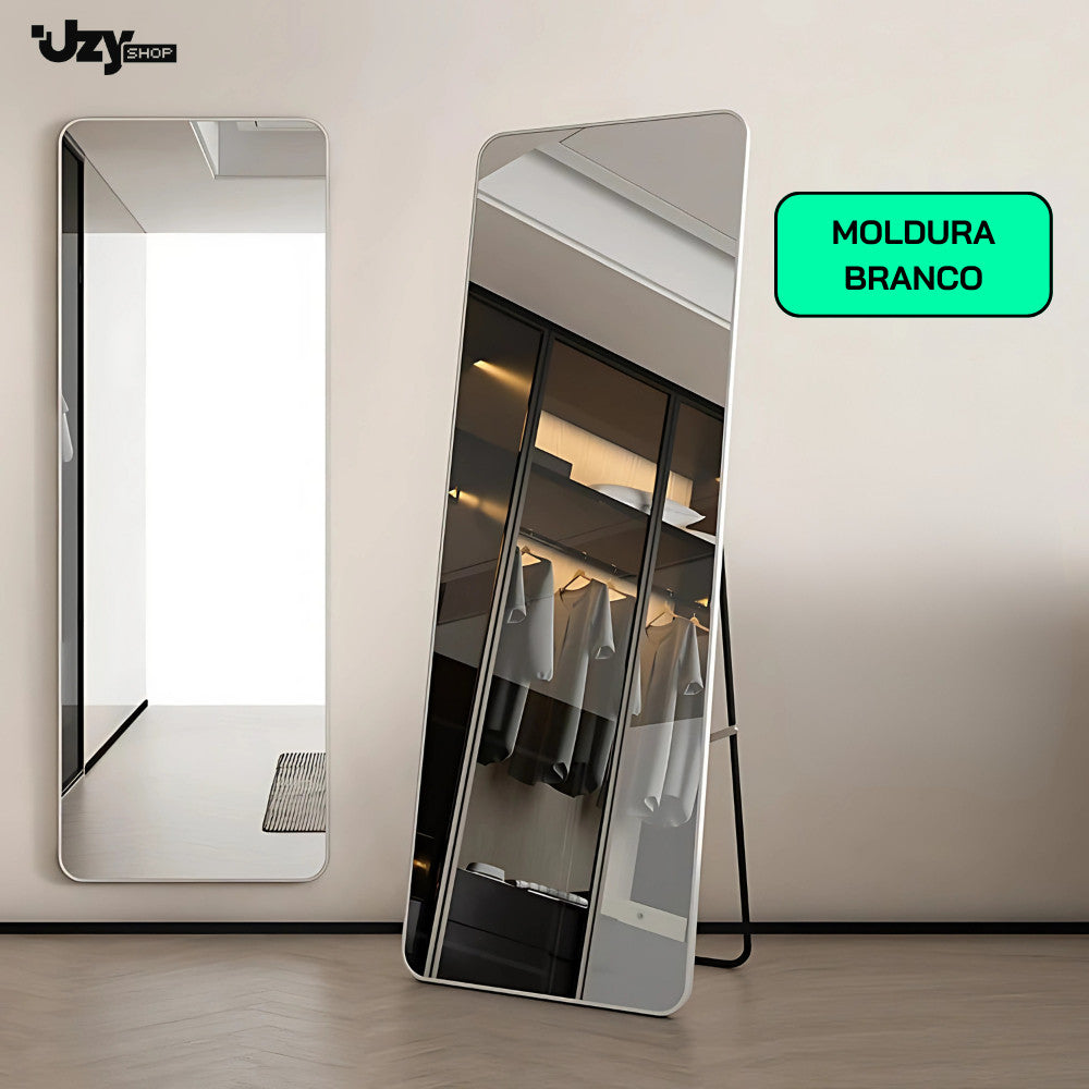 Espelho Base Reta Corpo Inteiro 147x37 Com Suporte de Chão Moldura Alumínio Quarto Sala Decorativo