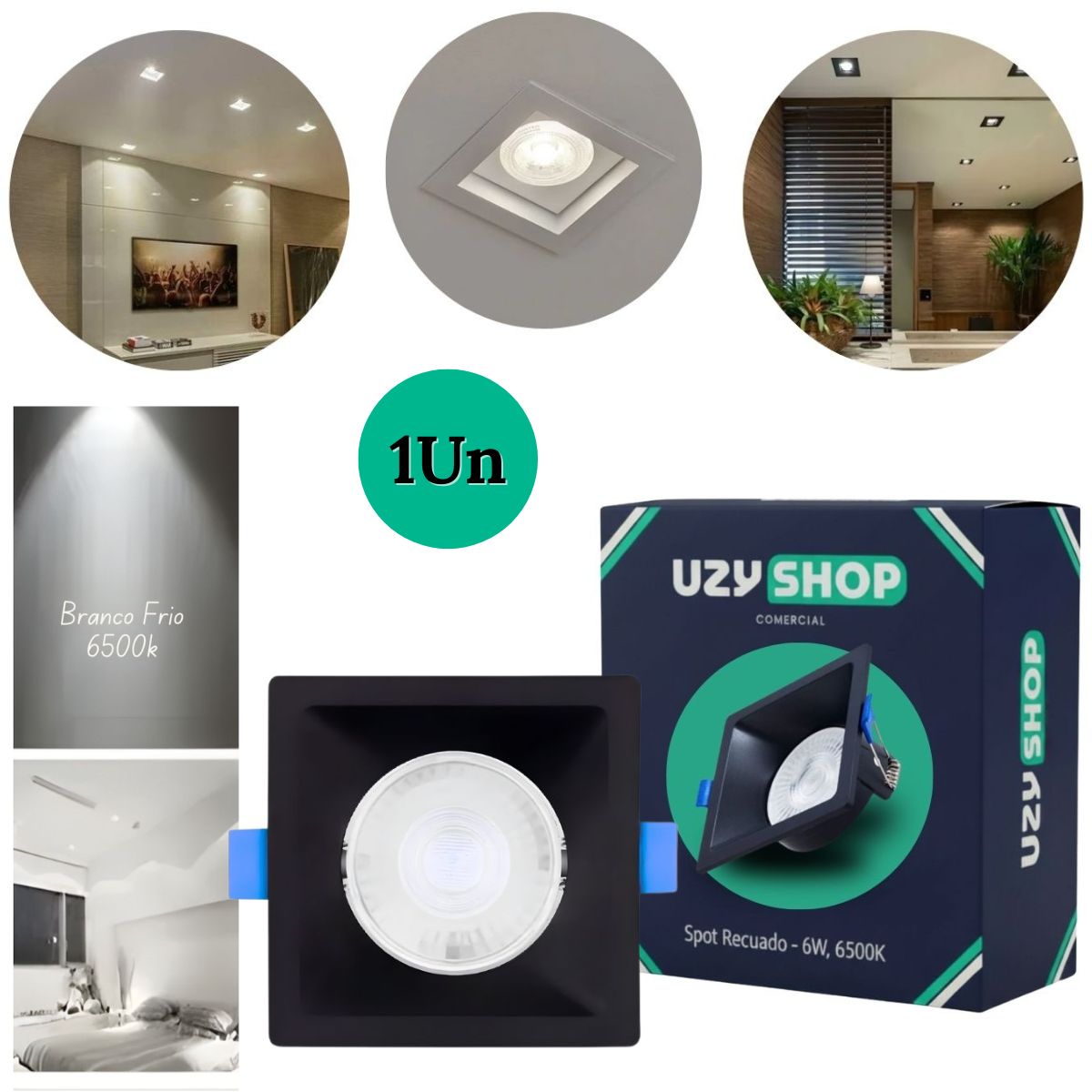 Spot LED Recuado 6W Quadrado Preto Embutir Anti-ofuscante Bivolt