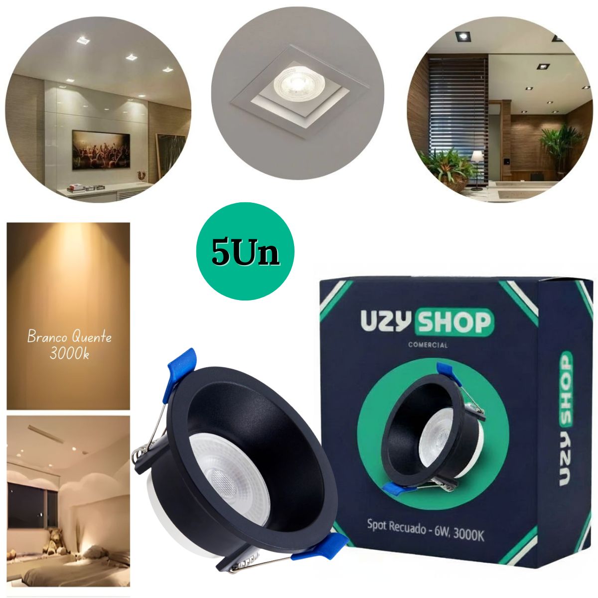 Spot LED Recuado 6W Redondo Preto Embutir Anti-ofuscante Bivolt