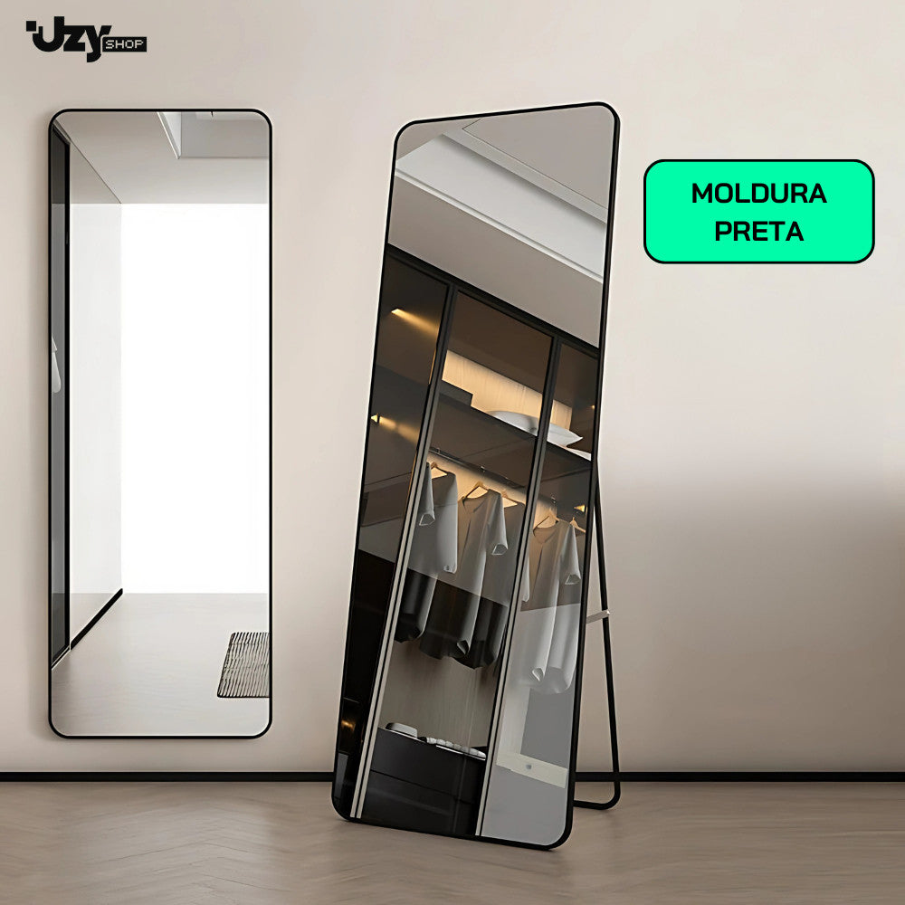 Espelho Base Reta Corpo Inteiro 147x37 Com Suporte de Chão Moldura Alumínio Quarto Sala Decorativo