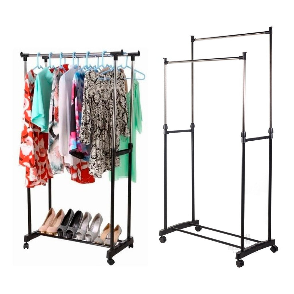 Arara Dupla De Roupas Altura Regulável Sapateira E Rodinha Aço Inox Cabideiro - Uzy Shop