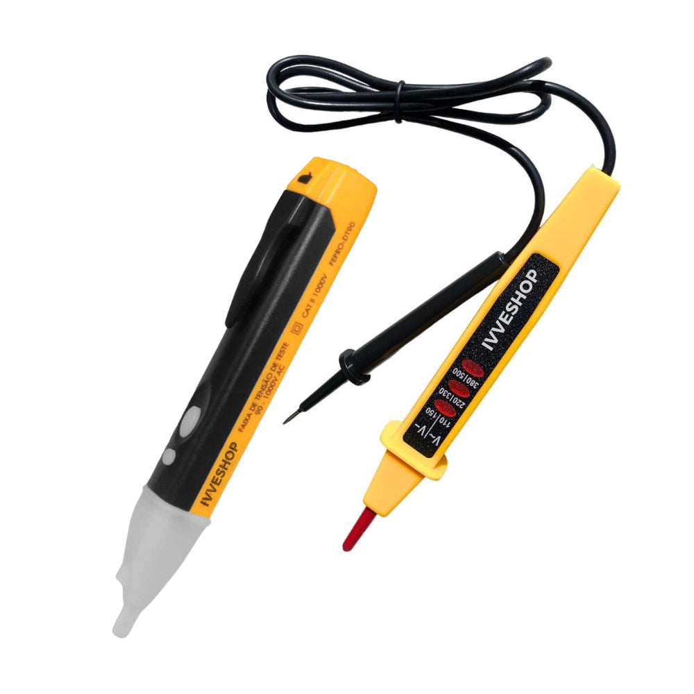 Kit testador de tomada digital com caneta detectora, ideal para medições seguras e práticas em eletricidade.