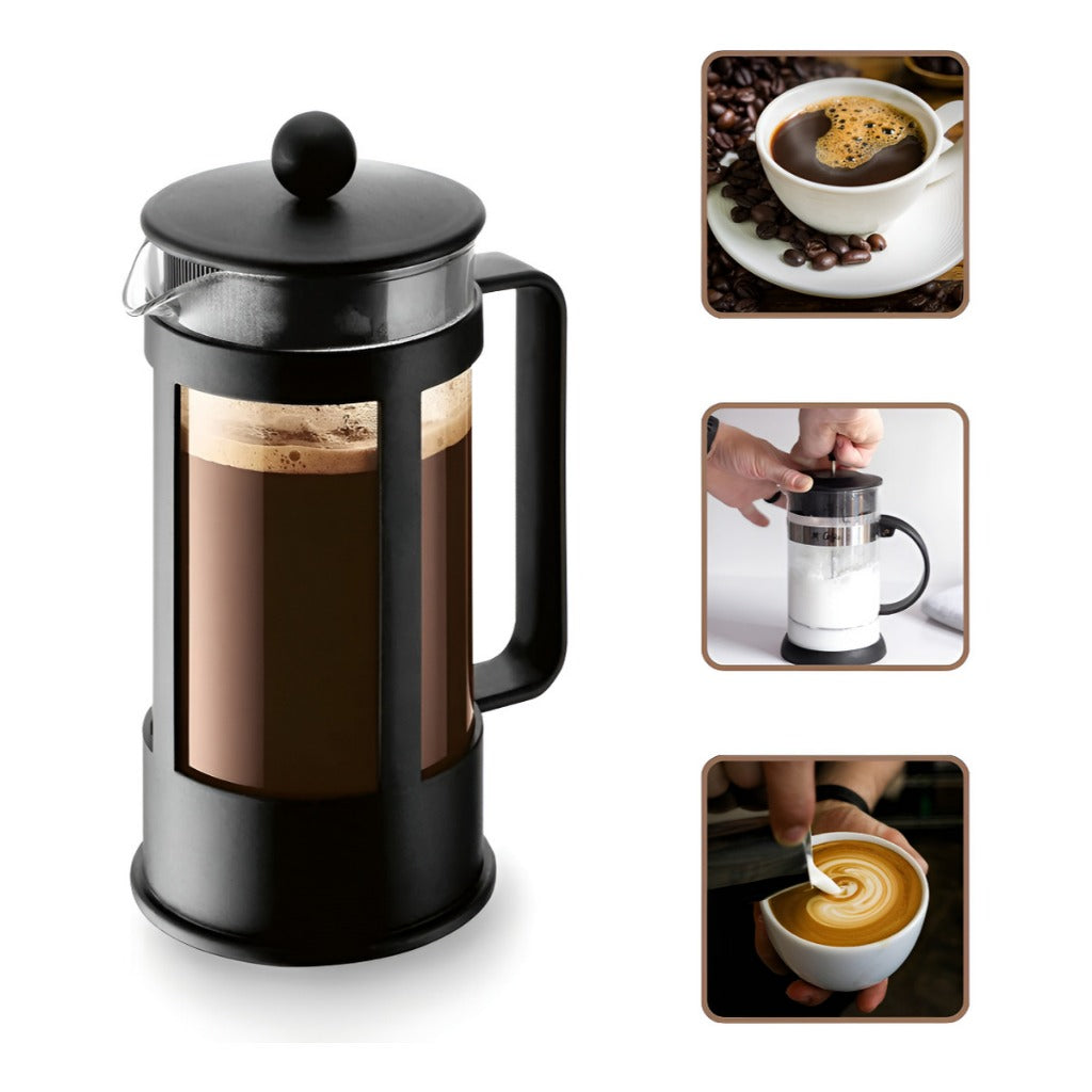 Prensa Francesa Vidro 350ml 600ml Café Filtro Inoxidável Estrutura Cromada Preta e Inox Sofisticado