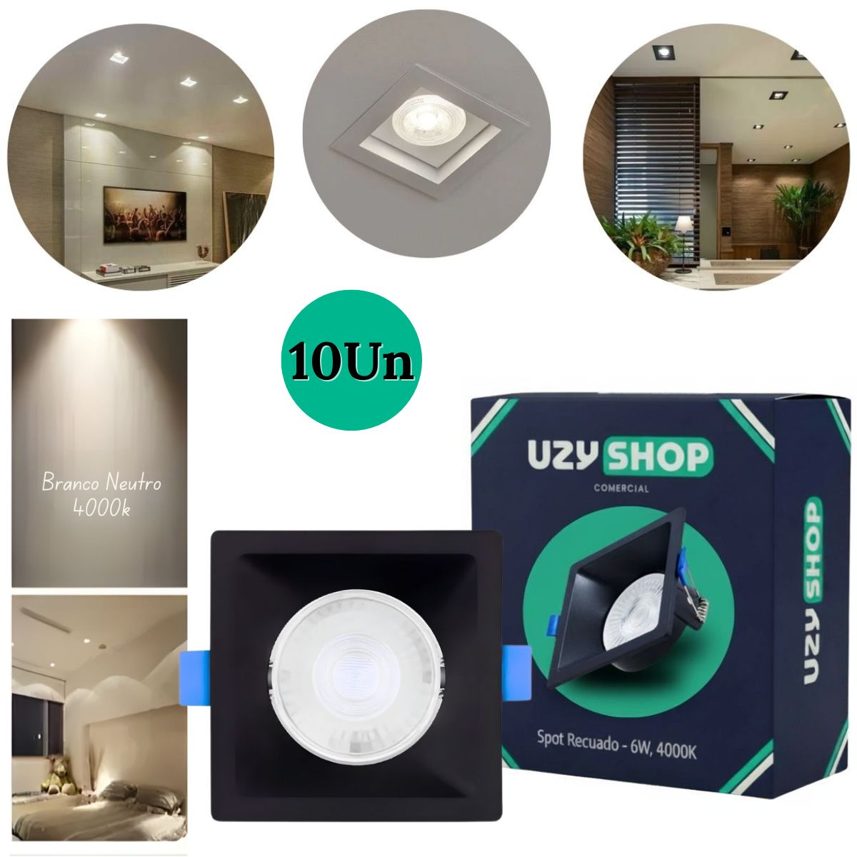 Spot LED Recuado 6W Quadrado Preto Embutir Anti-ofuscante Bivolt