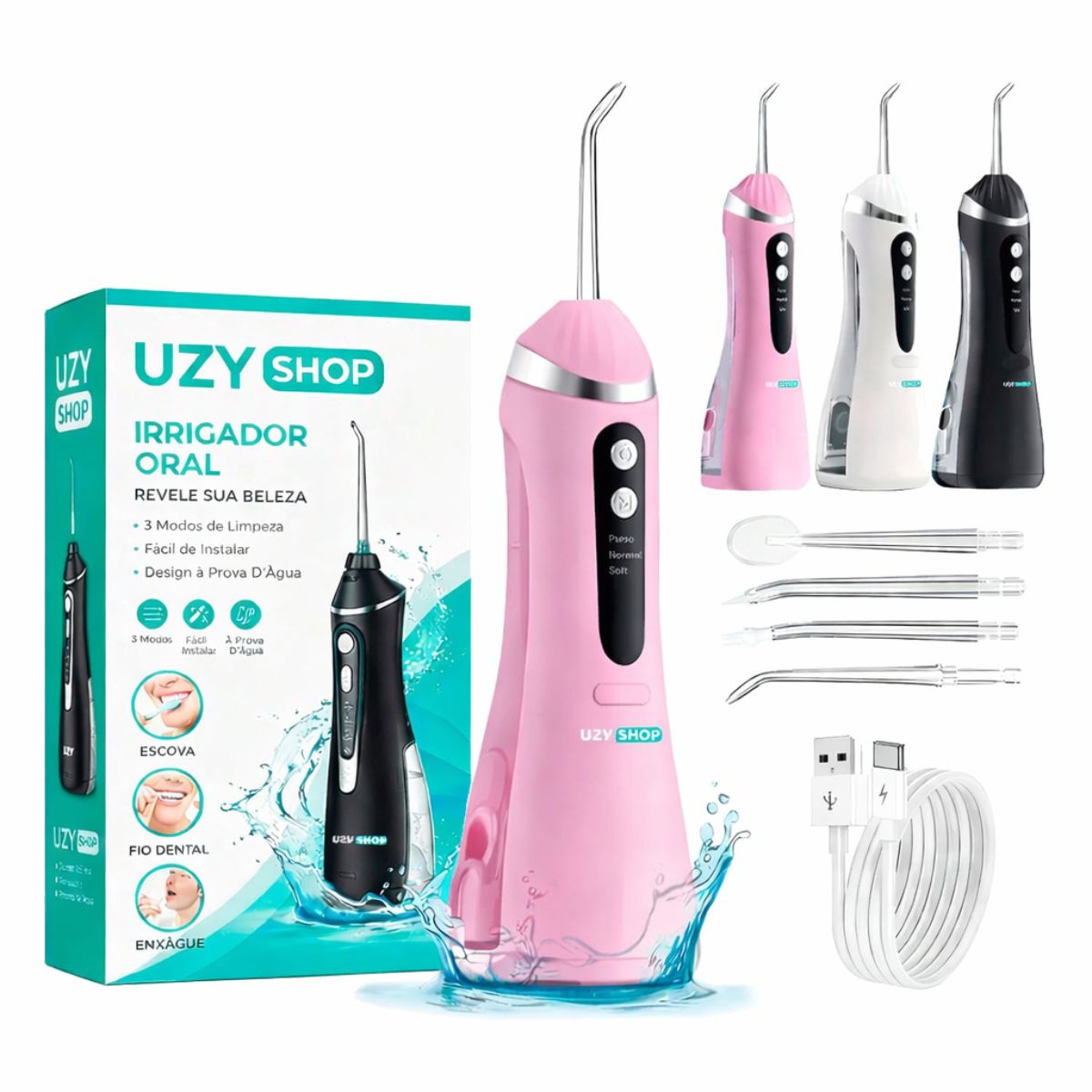 Irrigador Oral Limpeza Bucal Portátil 3 Modos 140psi 200mL 4 Bicos