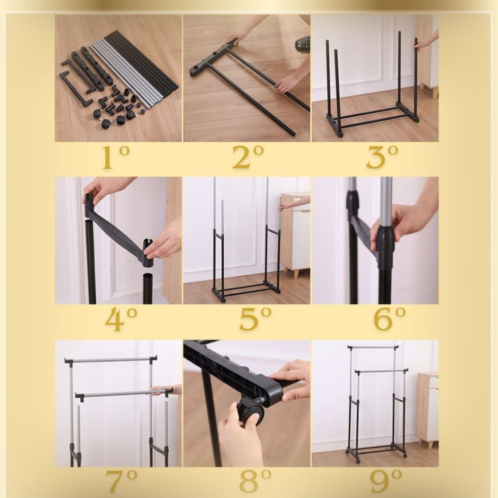 Arara Dupla De Roupas Altura Regulável Sapateira E Rodinha Aço Inox Cabideiro