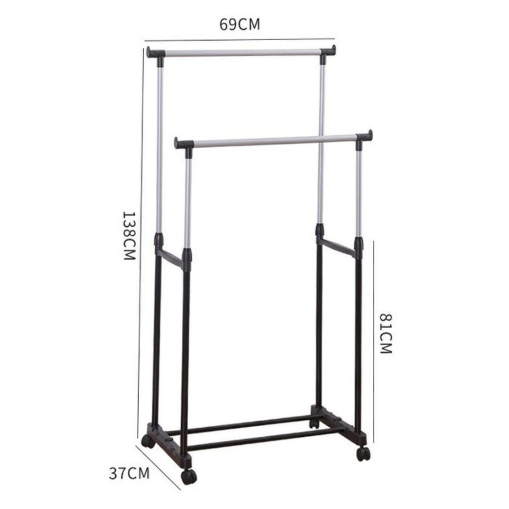 Arara Dupla De Roupas Altura Regulável Sapateira E Rodinha Aço Inox Cabideiro