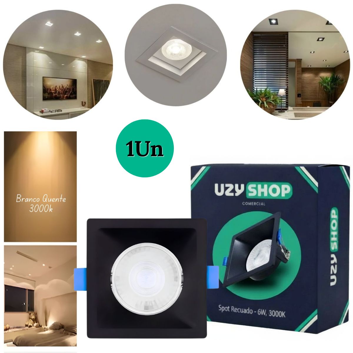Spot LED Recuado 6W Quadrado Preto Embutir Anti-ofuscante Bivolt
