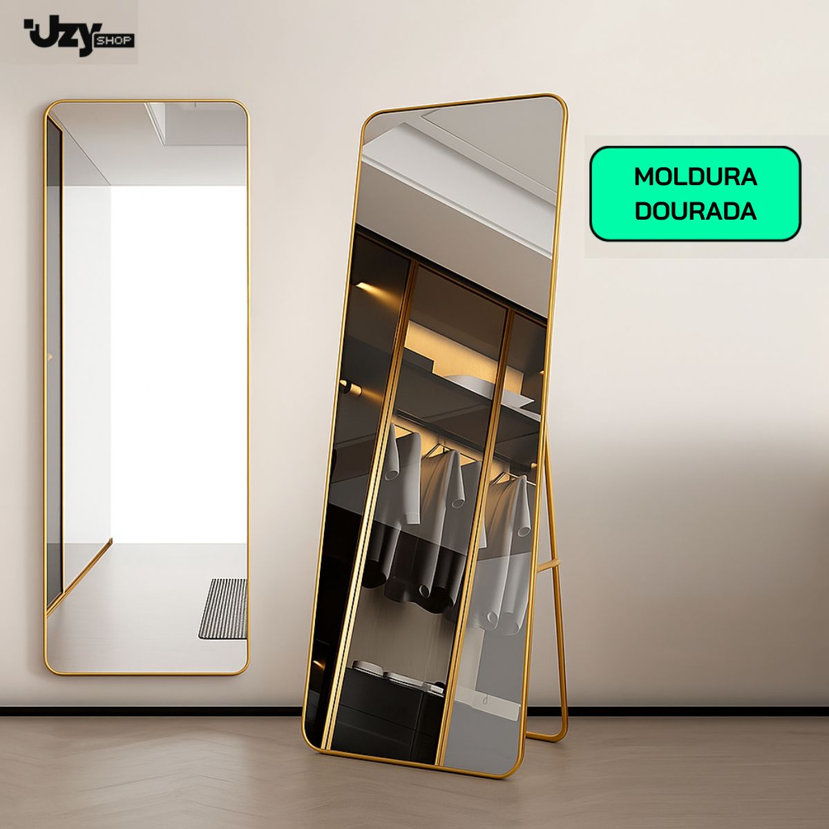 Espelho Base Reta Corpo Inteiro 147x37 Com Suporte de Chão Moldura Alumínio Quarto Sala Decorativo