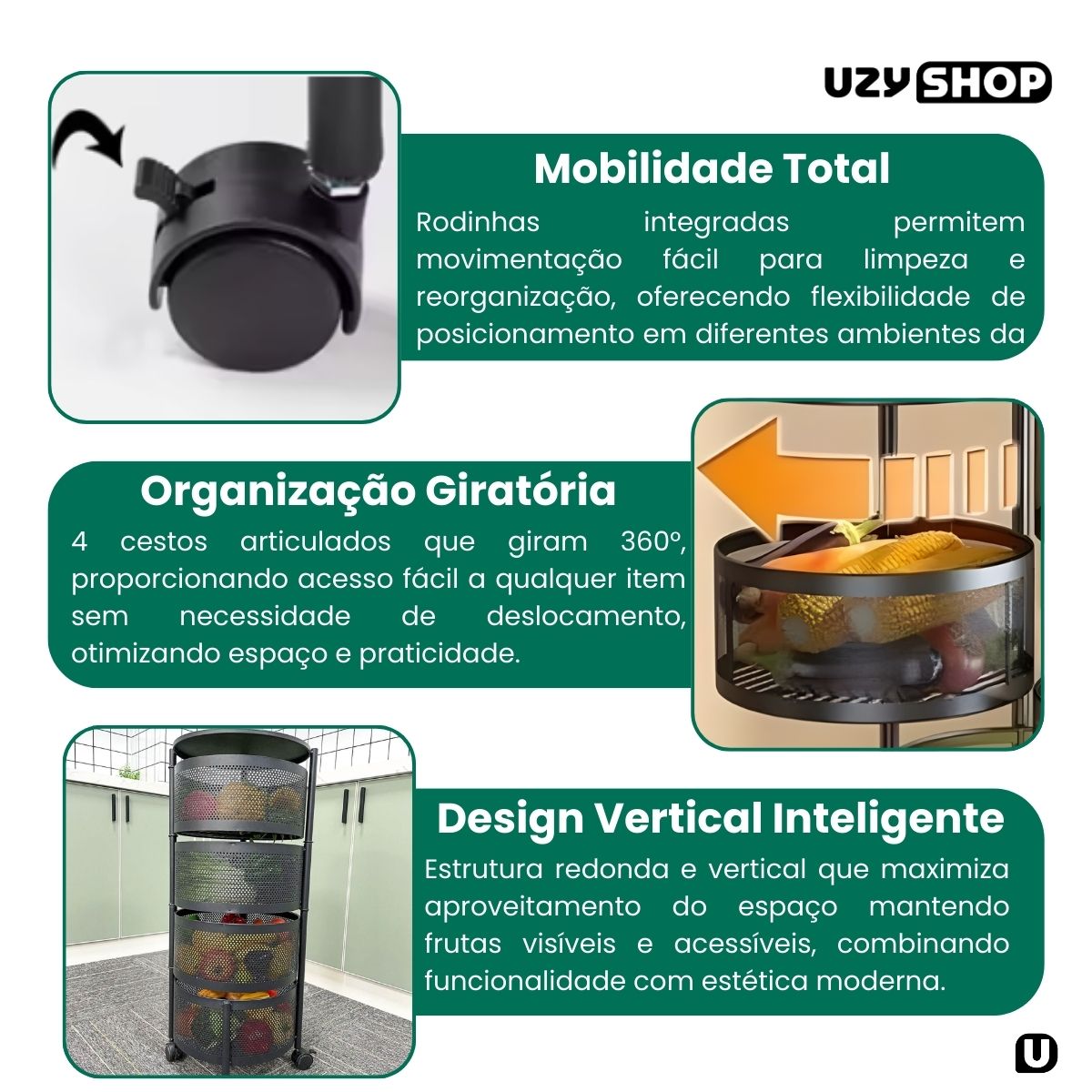 Fruteira Quadrada Carrinho Organizador 4 Prateleiras Giratórias Rodinhas 360°