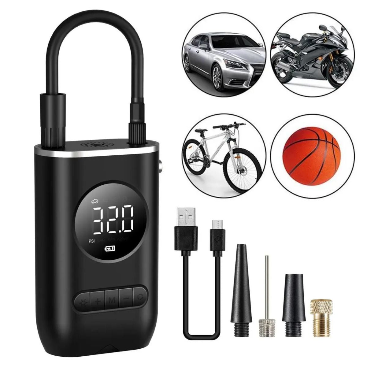 Compressor Calibrador Ar Automotivo USB-C 80W 25L/min Bateria 2000mAh Lanterna