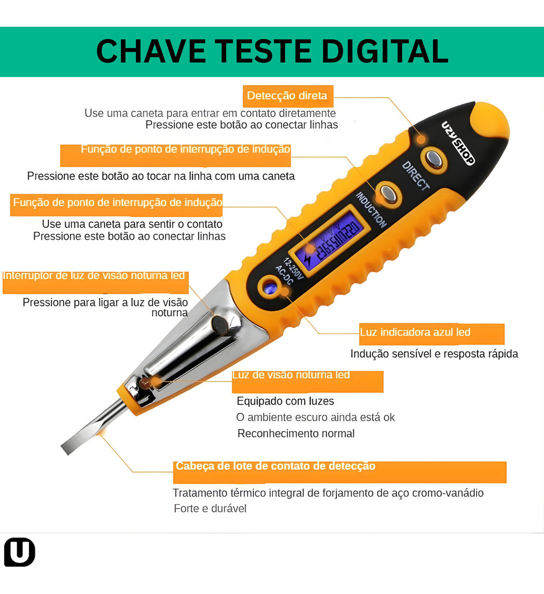 Kit Chave Teste Digital e Caneta Detectora Voltímetro Segura - Imagem 4