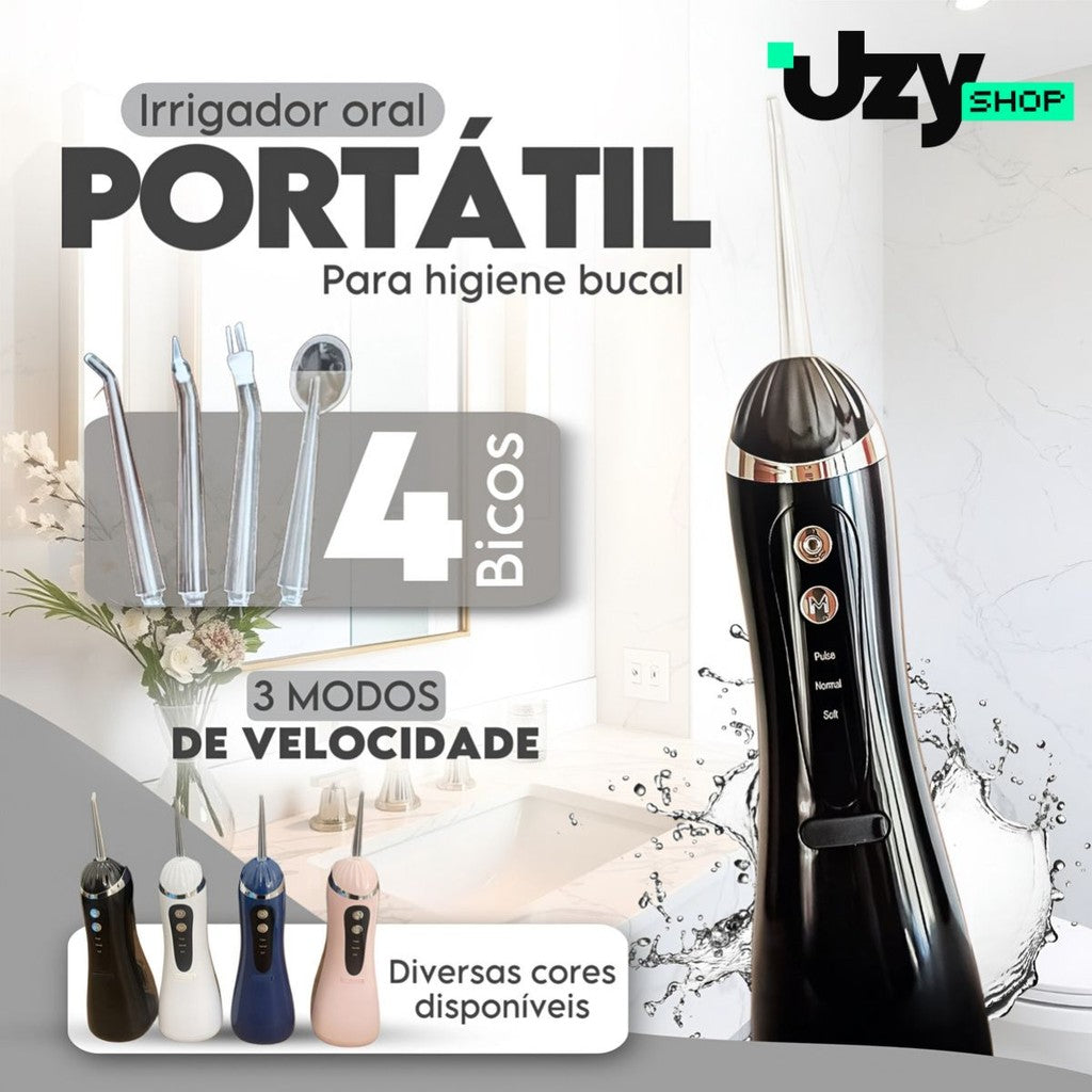 Irrigador Oral Limpeza Bucal Portátil 3 Modos 140psi 200mL 4 Bicos Recarregável USB Preto/Branco/Azul/Rosa Higiene