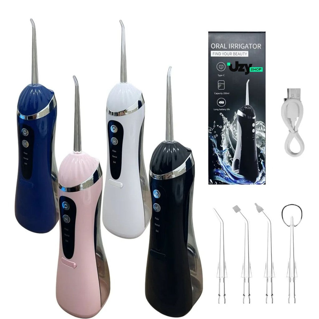 Irrigador Oral Limpeza Bucal Portátil 3 Modos 140psi 200mL 4 Bicos Recarregável USB Preto/Branco/Azul/Rosa Higiene