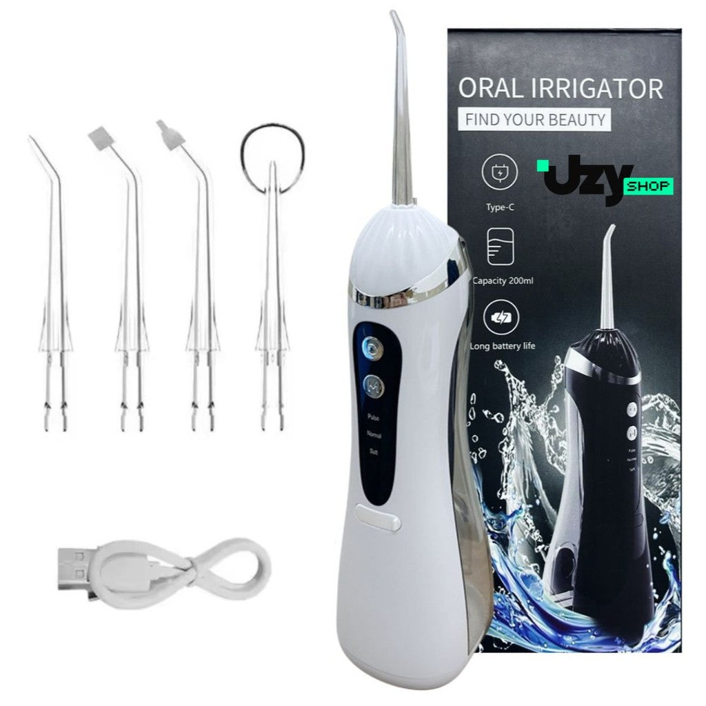 Irrigador Oral Limpeza Bucal Portátil 3 Modos 140psi 200mL 4 Bicos Recarregável USB Preto/Branco/Azul/Rosa Higiene