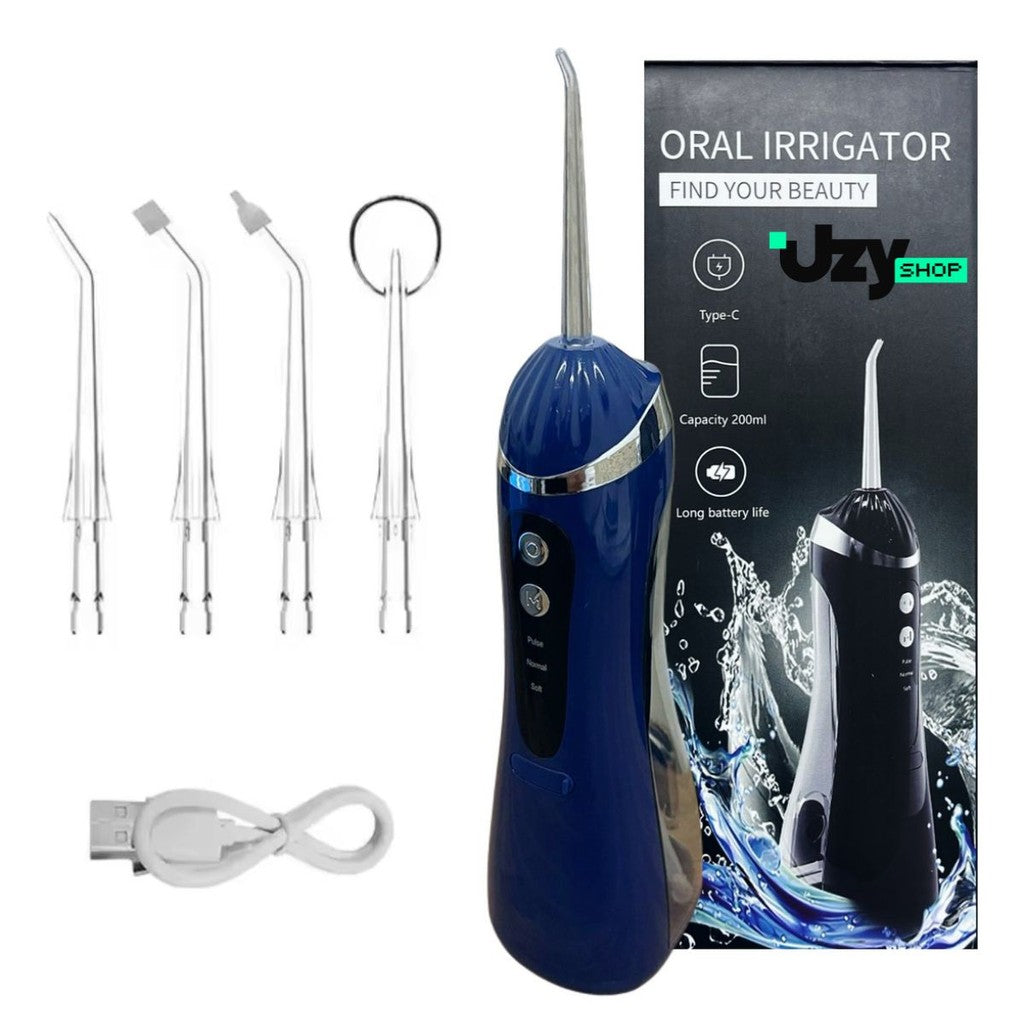 Irrigador Oral Limpeza Bucal Portátil 3 Modos 140psi 200mL 4 Bicos Recarregável USB Preto/Branco/Azul/Rosa Higiene
