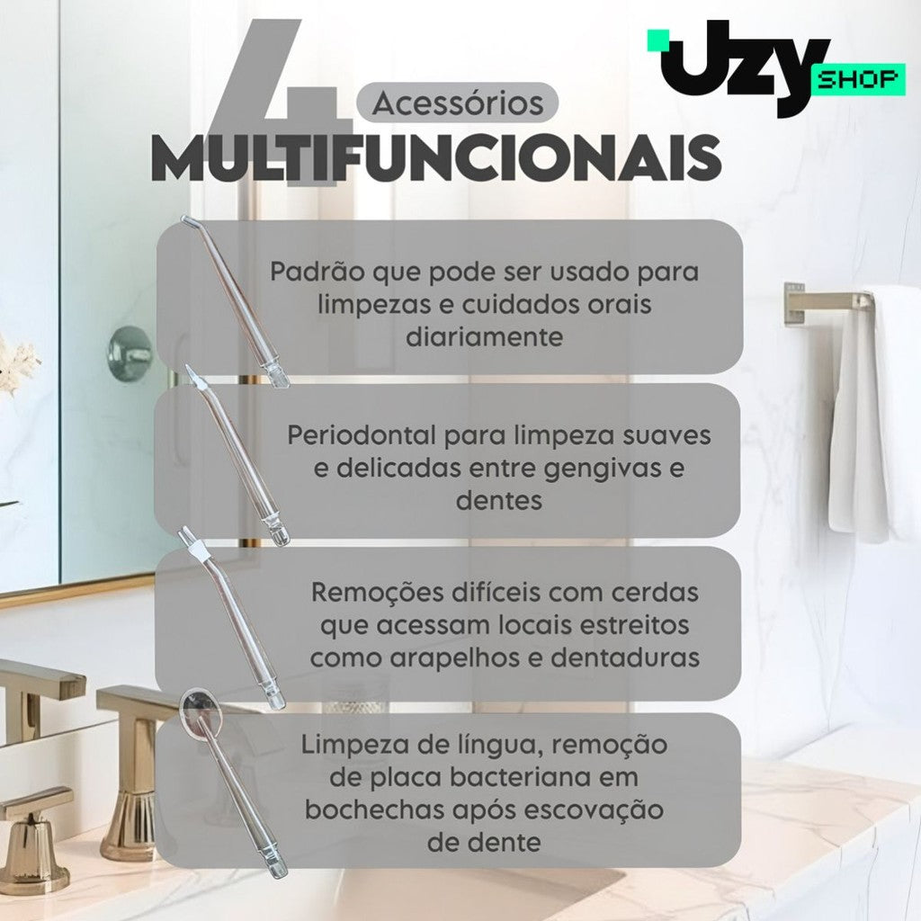 Irrigador Oral Limpeza Bucal Portátil 3 Modos 140psi 200mL 4 Bicos Recarregável USB Preto/Branco/Azul/Rosa Higiene