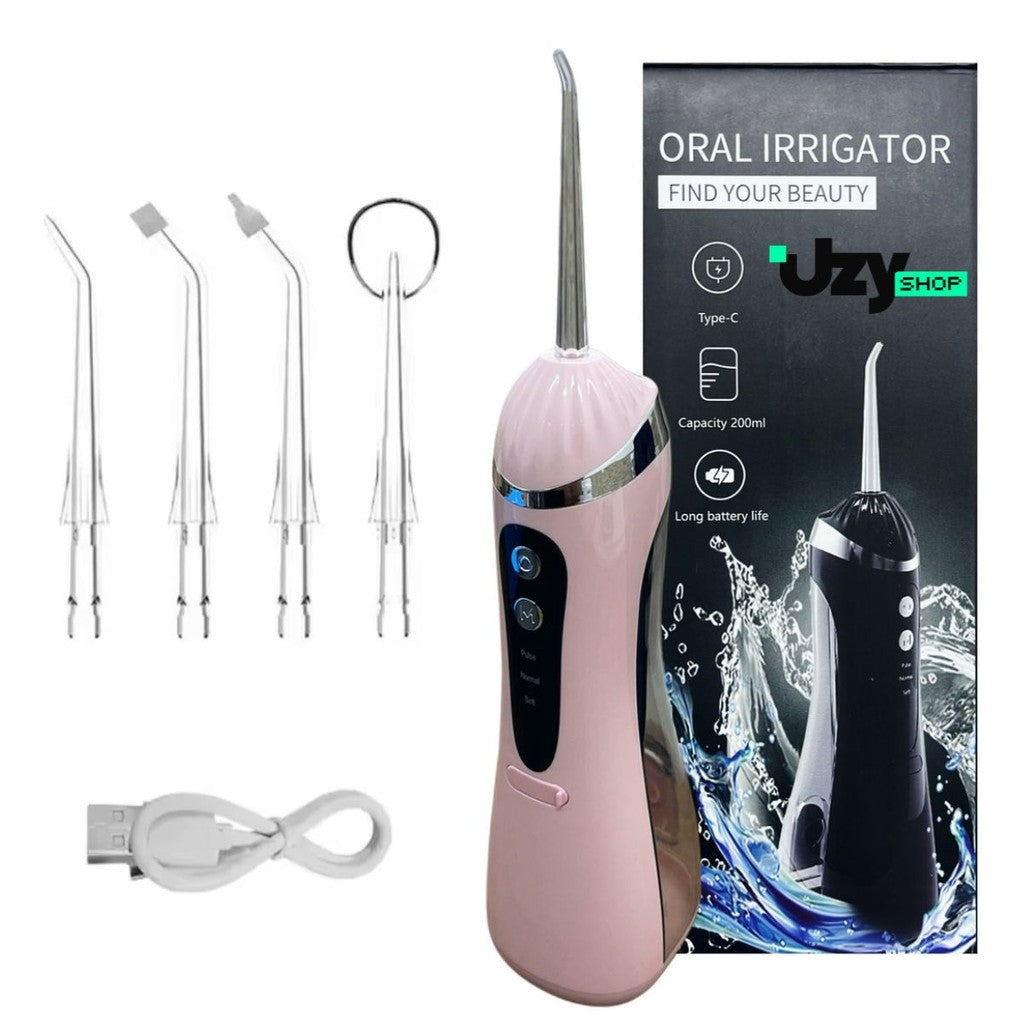 Irrigador Oral Limpeza Bucal Portátil 3 Modos 140psi 200mL 4 Bicos Recarregável USB Preto/Branco/Azul/Rosa Higiene