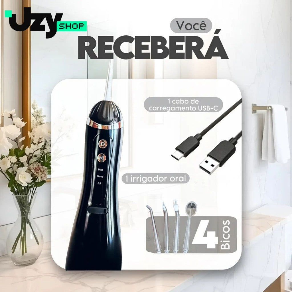 Irrigador Oral Limpeza Bucal Portátil 3 Modos 140psi 200mL 4 Bicos Recarregável USB Preto/Branco/Azul/Rosa Higiene