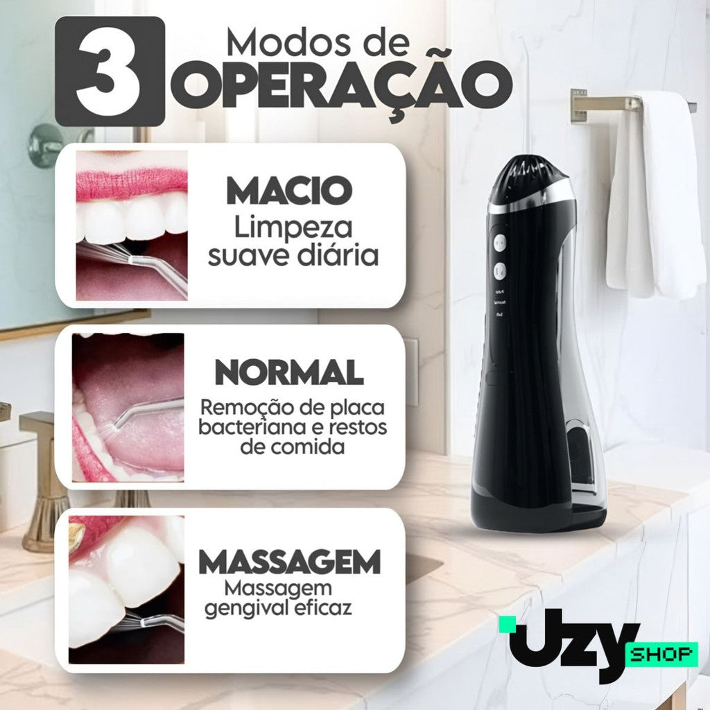 Irrigador Oral Limpeza Bucal Portátil 3 Modos 140psi 200mL 4 Bicos Recarregável USB Preto/Branco/Azul/Rosa Higiene
