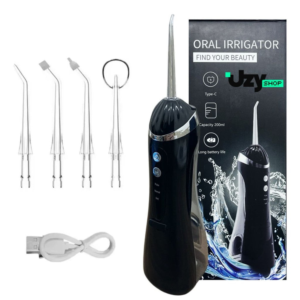 Irrigador Oral Limpeza Bucal Portátil 3 Modos 140psi 200mL 4 Bicos Recarregável USB Preto/Branco/Azul/Rosa Higiene