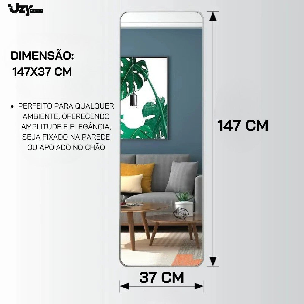Espelho Base Reta Corpo Inteiro 147x37 Com Suporte de Chão Moldura Alumínio Quarto Sala Decorativo - Uzy Shop