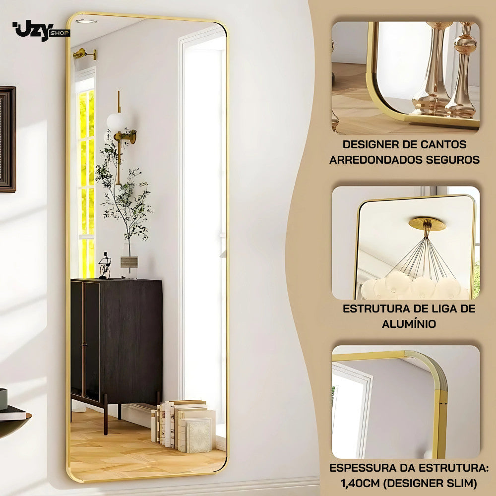 Espelho Base Reta Corpo Inteiro 147x37 Com Suporte de Chão Moldura Alumínio Quarto Sala Decorativo - Uzy Shop