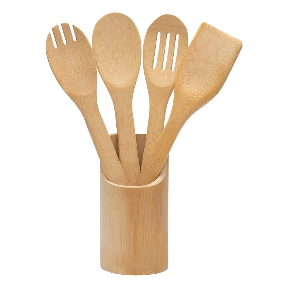 Kit 5 Colher de Pau Utensílios de Cozinha Bambu Mimo Style Madeira Espátula Colher Cozinha Culinária - Uzy Shop