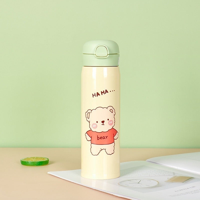 Garrafa Térmica Kawaii 500ml com Canudo, Tampa Hermética e Isolamento 6h Quente em Aço Inox