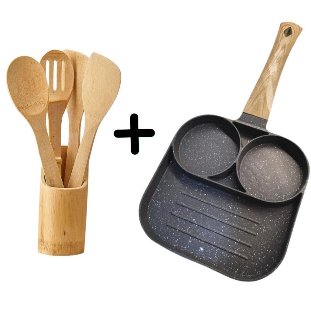 Frigideira Antiaderente com 3 Compartimentos + Kit de 5 Utensílios de Bambu - Uzy Shop