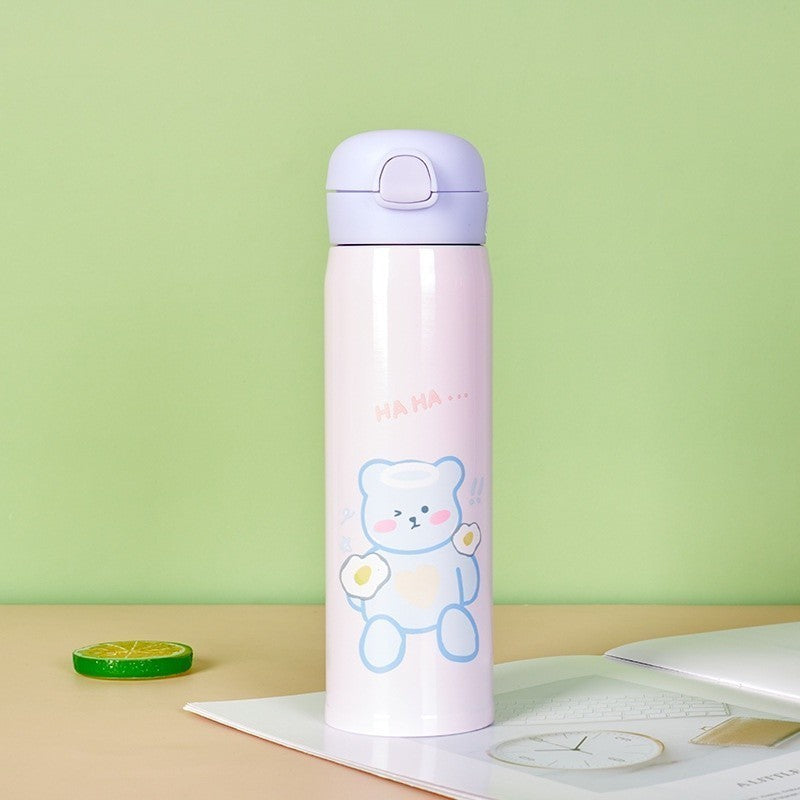 Garrafa Térmica Kawaii 500ml com Canudo, Tampa Hermética e Isolamento 6h Quente em Aço Inox