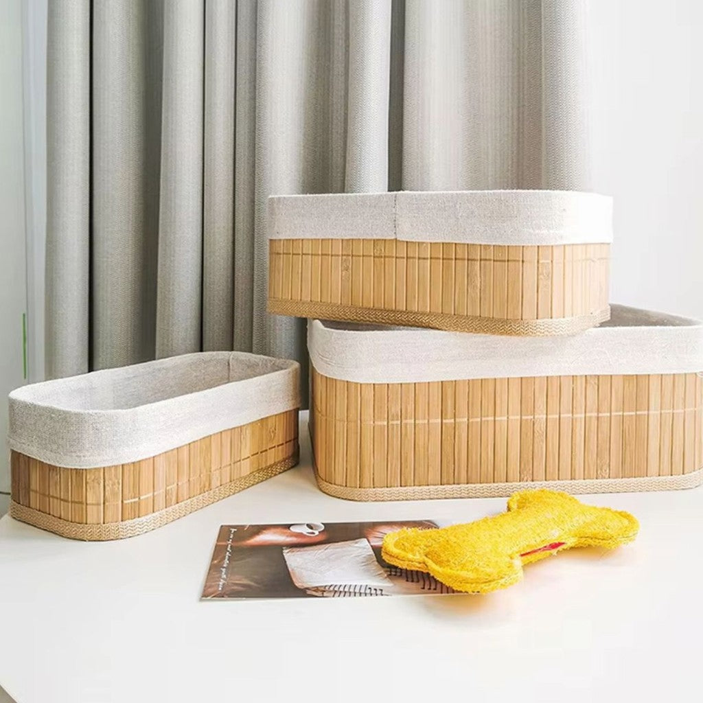 Kit 3 Cestos de Bambu Multiuso com Forro, Tamanhos Variados, para Banheiro, Cozinha, Closet, Organização com Estilo