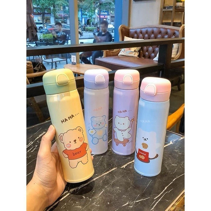 Garrafa Térmica Kawaii 500ml com Canudo, Tampa Hermética e Isolamento 6h Quente em Aço Inox