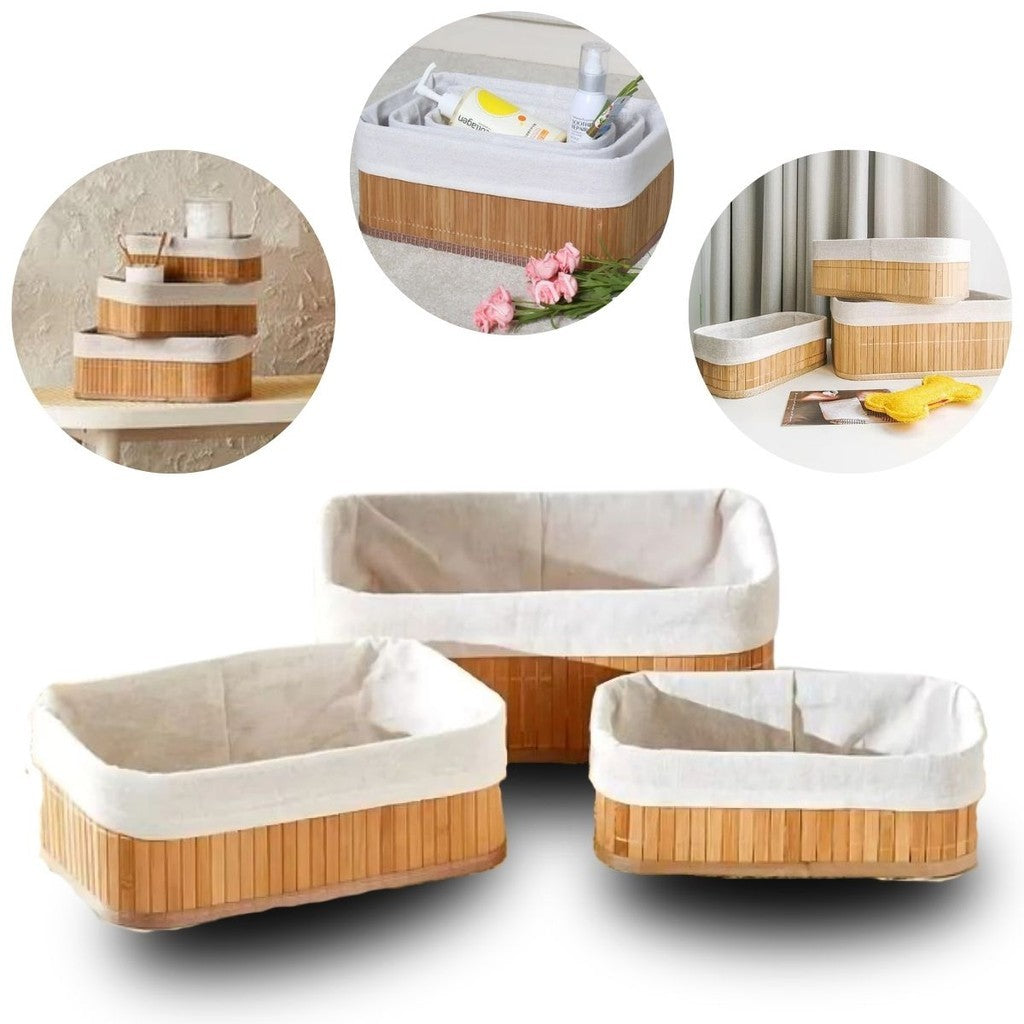 Kit 3 Cestos de Bambu Multiuso com Forro, Tamanhos Variados, para Banheiro, Cozinha, Closet, Organização com Estilo