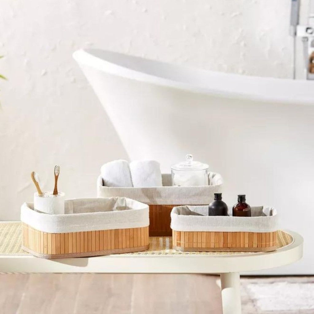 Kit 3 Cestos de Bambu Multiuso com Forro, Tamanhos Variados, para Banheiro, Cozinha, Closet, Organização com Estilo