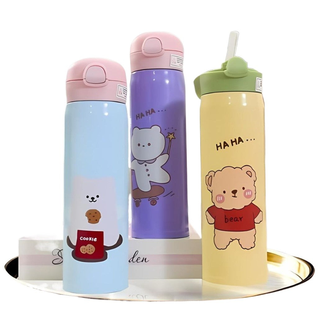 Garrafa Térmica Kawaii 500ml com Canudo, Tampa Hermética e Isolamento 6h Quente em Aço Inox