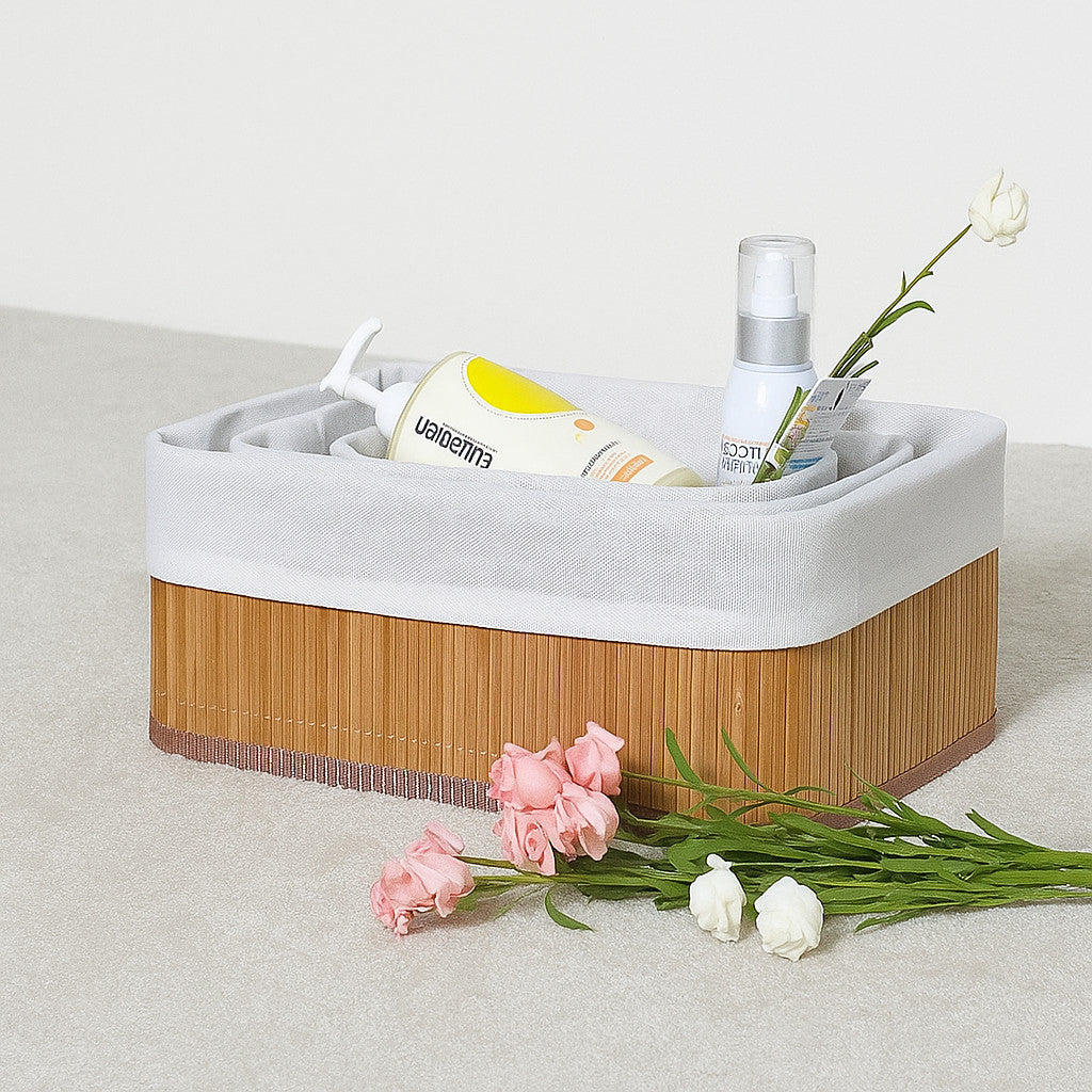 Kit 3 Cestos de Bambu Multiuso com Forro, Tamanhos Variados, para Banheiro, Cozinha, Closet, Organização com Estilo