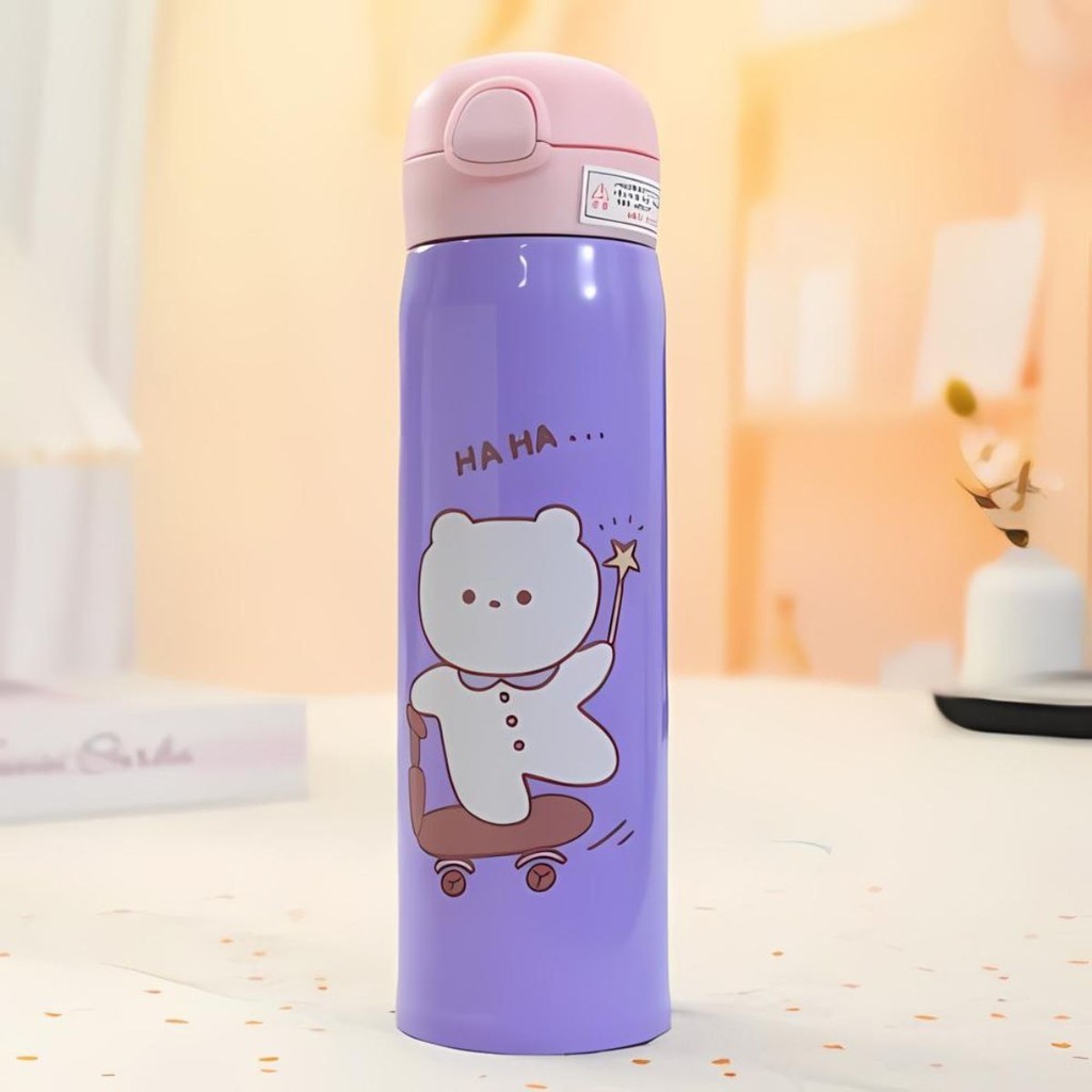 Garrafa Térmica Kawaii 500ml com Canudo, Tampa Hermética e Isolamento 6h Quente em Aço Inox