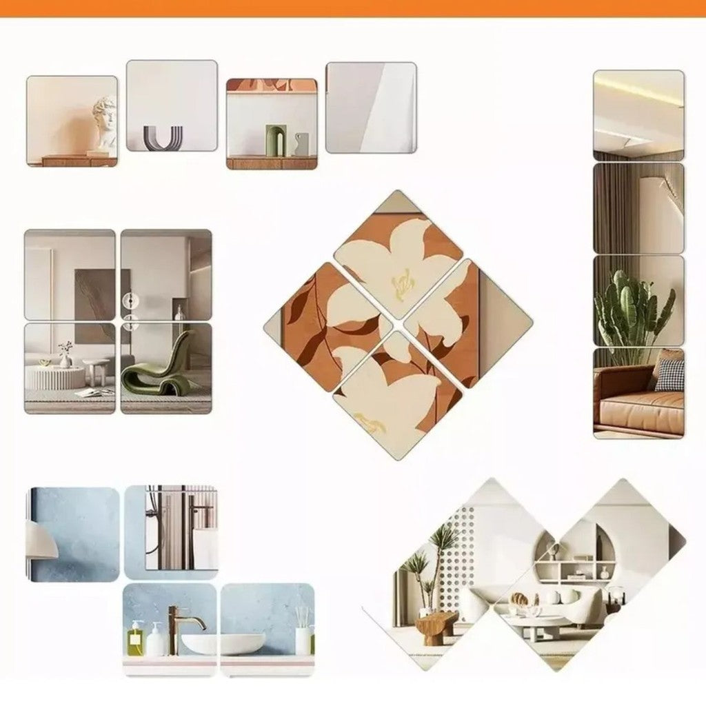 Espelho Adesivo Quadrado 30x30cm em Acrílico Flexível com Adesivo de Alta Fixação para Decoração de Paredes e Móveis