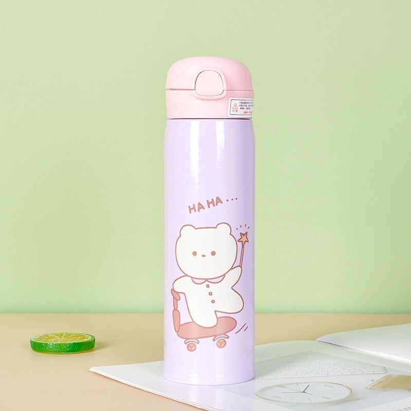 Garrafa Térmica Kawaii 500ml com Canudo, Tampa Hermética e Isolamento 6h Quente em Aço Inox