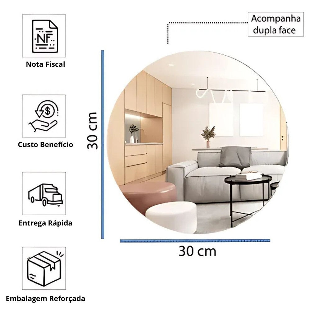 Espelho Adesivo Redondo 30x30cm em Acrílico Flexível com Adesivo de Alta Fixação para Decoração