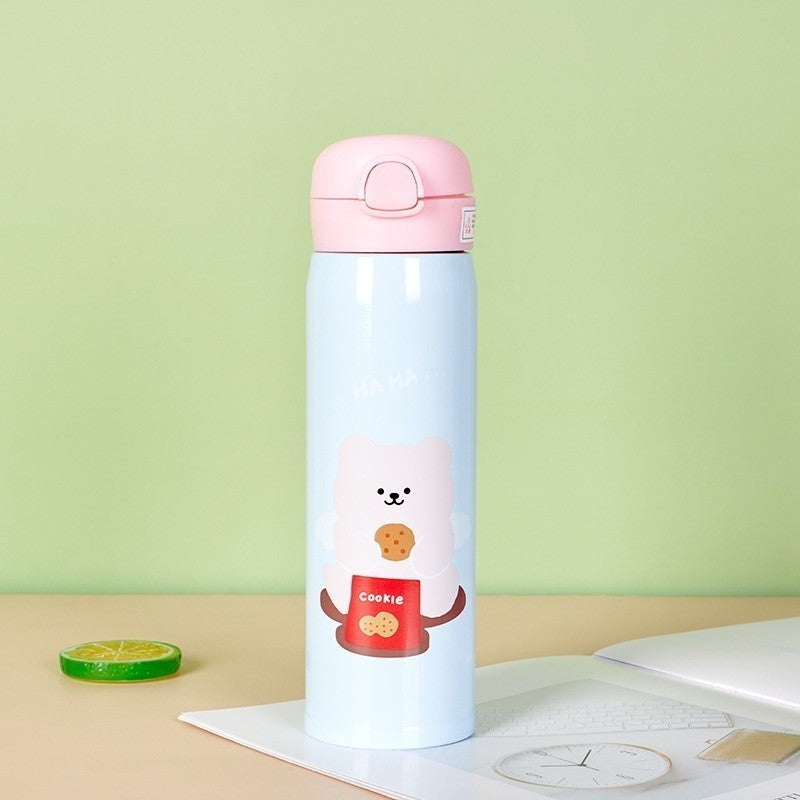 Garrafa Térmica Kawaii 500ml com Canudo, Tampa Hermética e Isolamento 6h Quente em Aço Inox