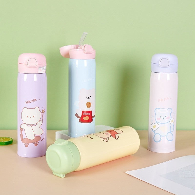 Garrafa Térmica Kawaii 500ml com Canudo, Tampa Hermética e Isolamento 6h Quente em Aço Inox