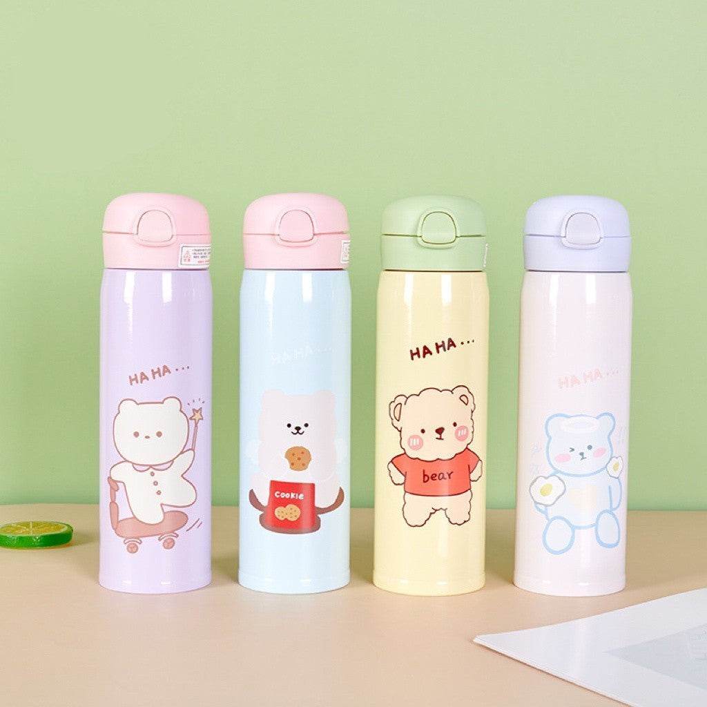 Garrafa Térmica Kawaii 500ml com Canudo, Tampa Hermética e Isolamento 6h Quente em Aço Inox