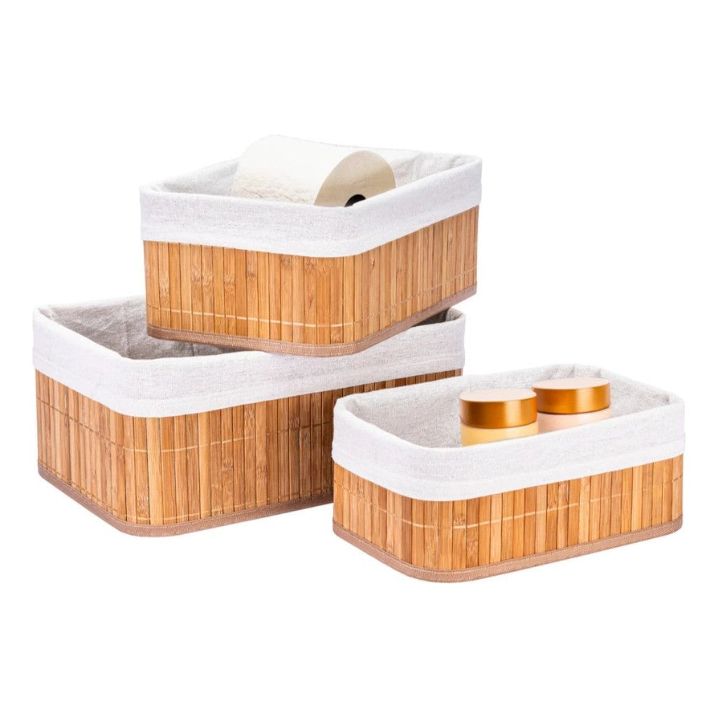 Kit 3 Cestos de Bambu Multiuso com Forro, Tamanhos Variados, para Banheiro, Cozinha, Closet, Organização com Estilo