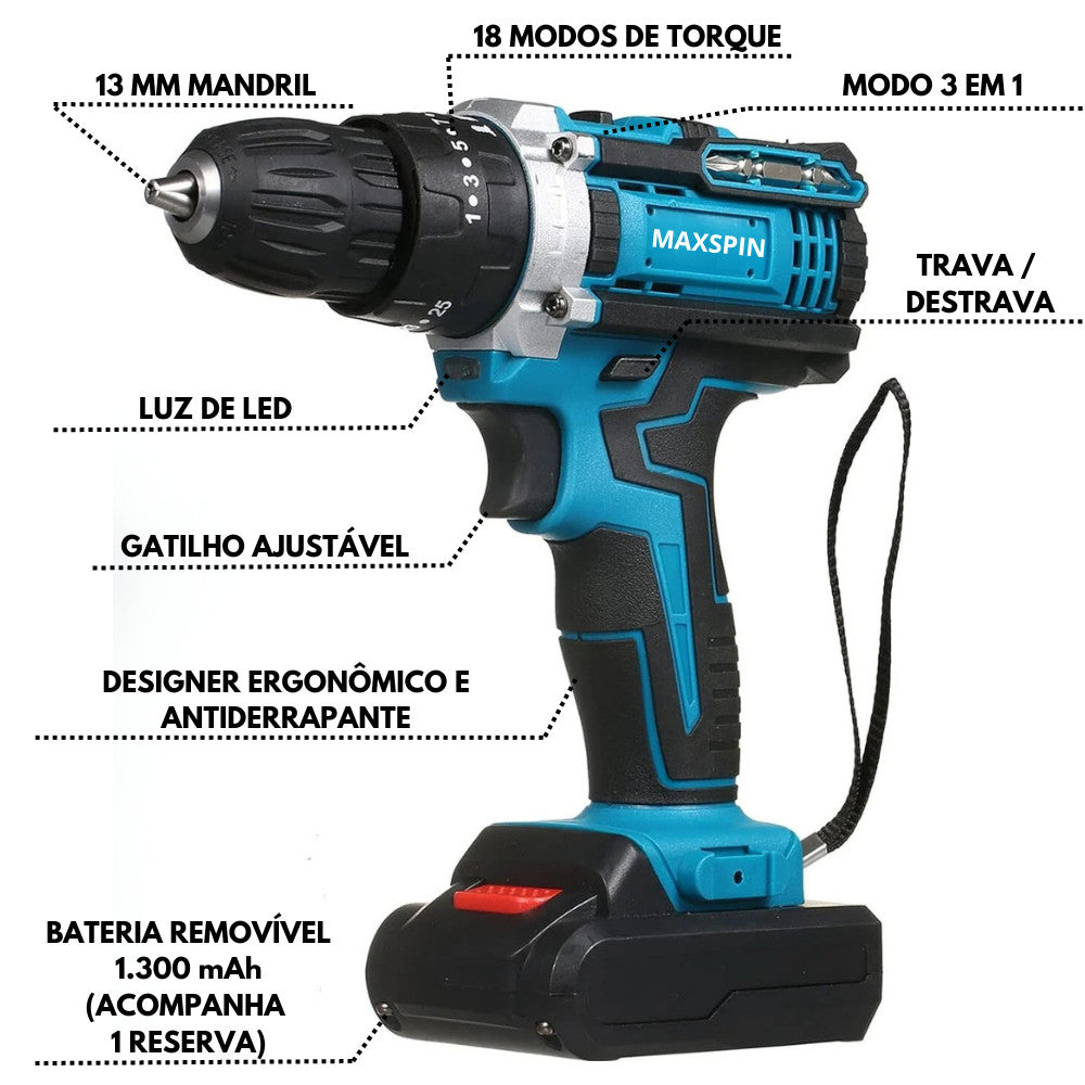 Furadeira e Parafusadeira MaxSpin 48V com Maleta e Acessório